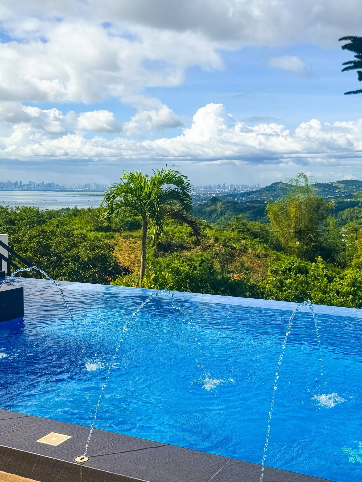 An infinity-edge pool with palms and green hills beyond at City on a Hill