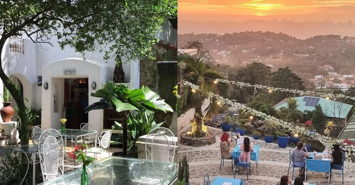 Collage of a white garden café and a terrace overlooking Antipolo at sunset