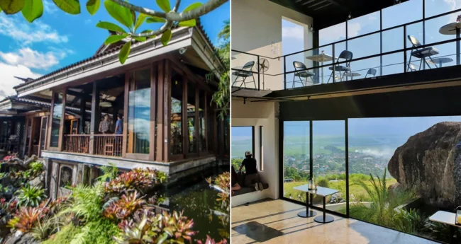 Collage of a wooden-roofed Antipolo restaurant in a garden and a balcony dining room with a mountain view
