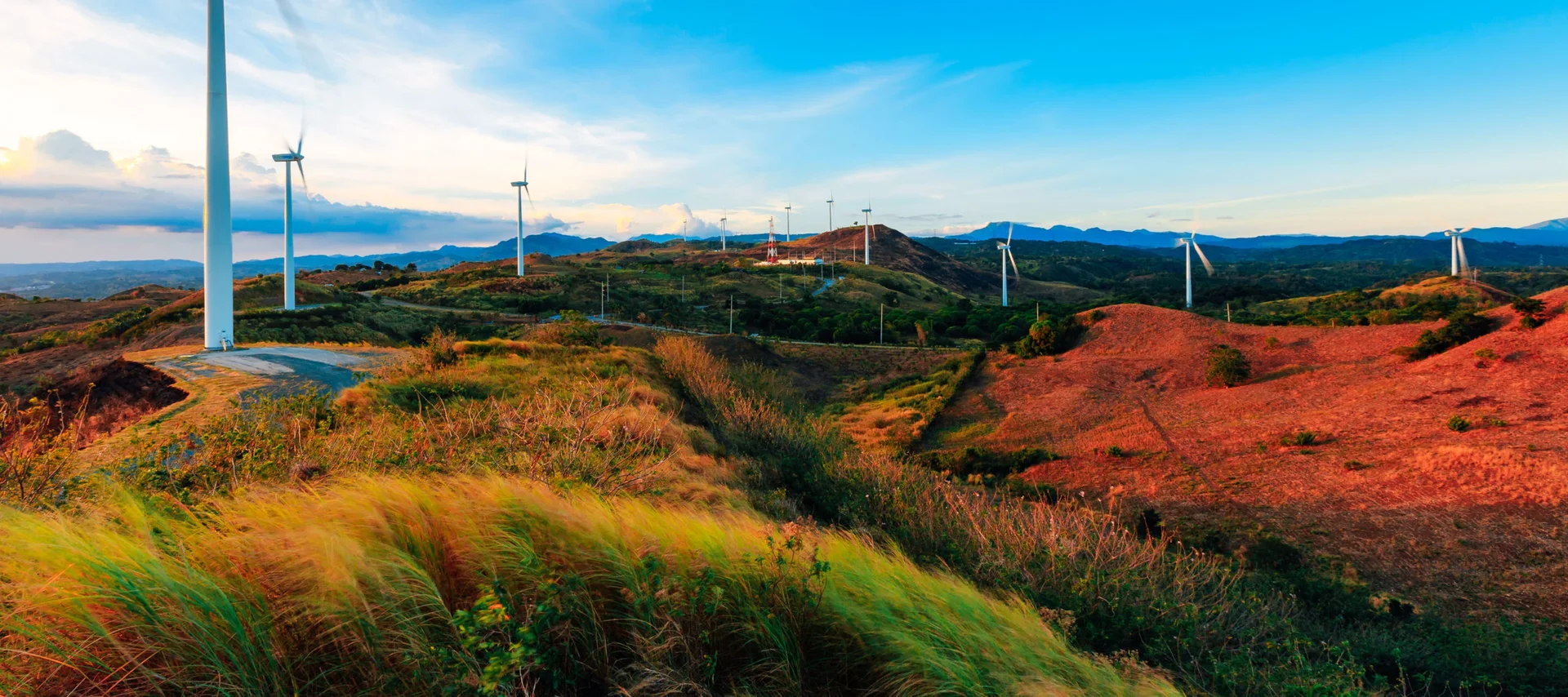 Wind turbines on golden grassy hills at the Pililla Wind Farm