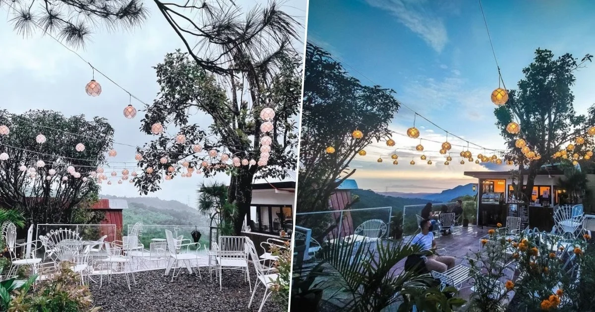 Collage of Kaulayaw Coffee's garden seating under trees with a view of the hills