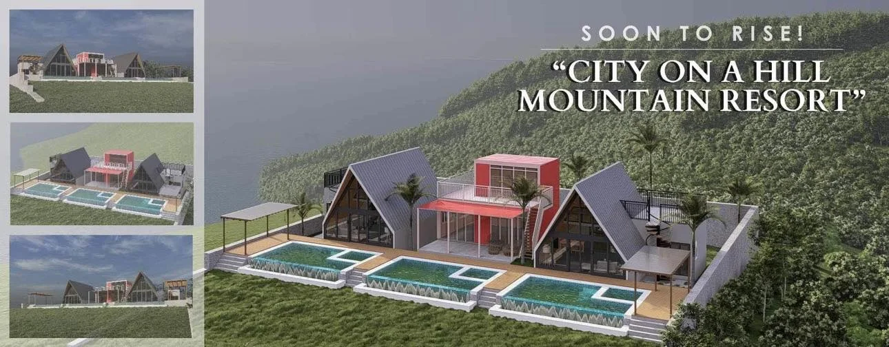 Pre-opening promotional image of City on a Hill Private Villas with renderings of the hillside villas