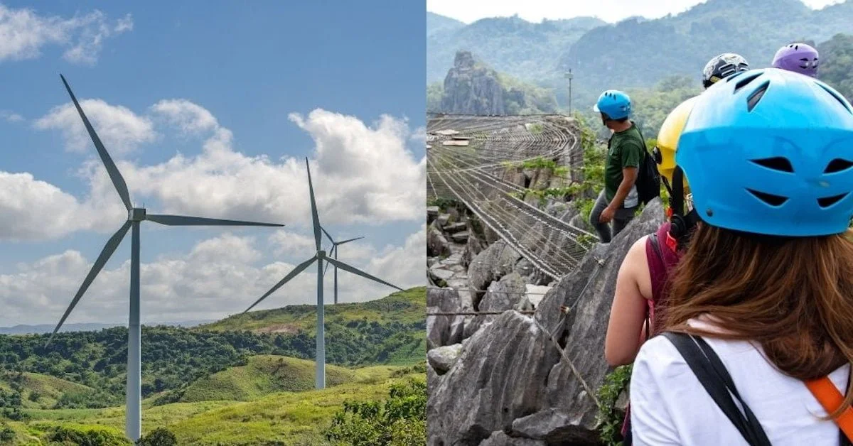 Collage of wind turbines in Pililla and a hiker in a helmet among limestone rocks at Masungi