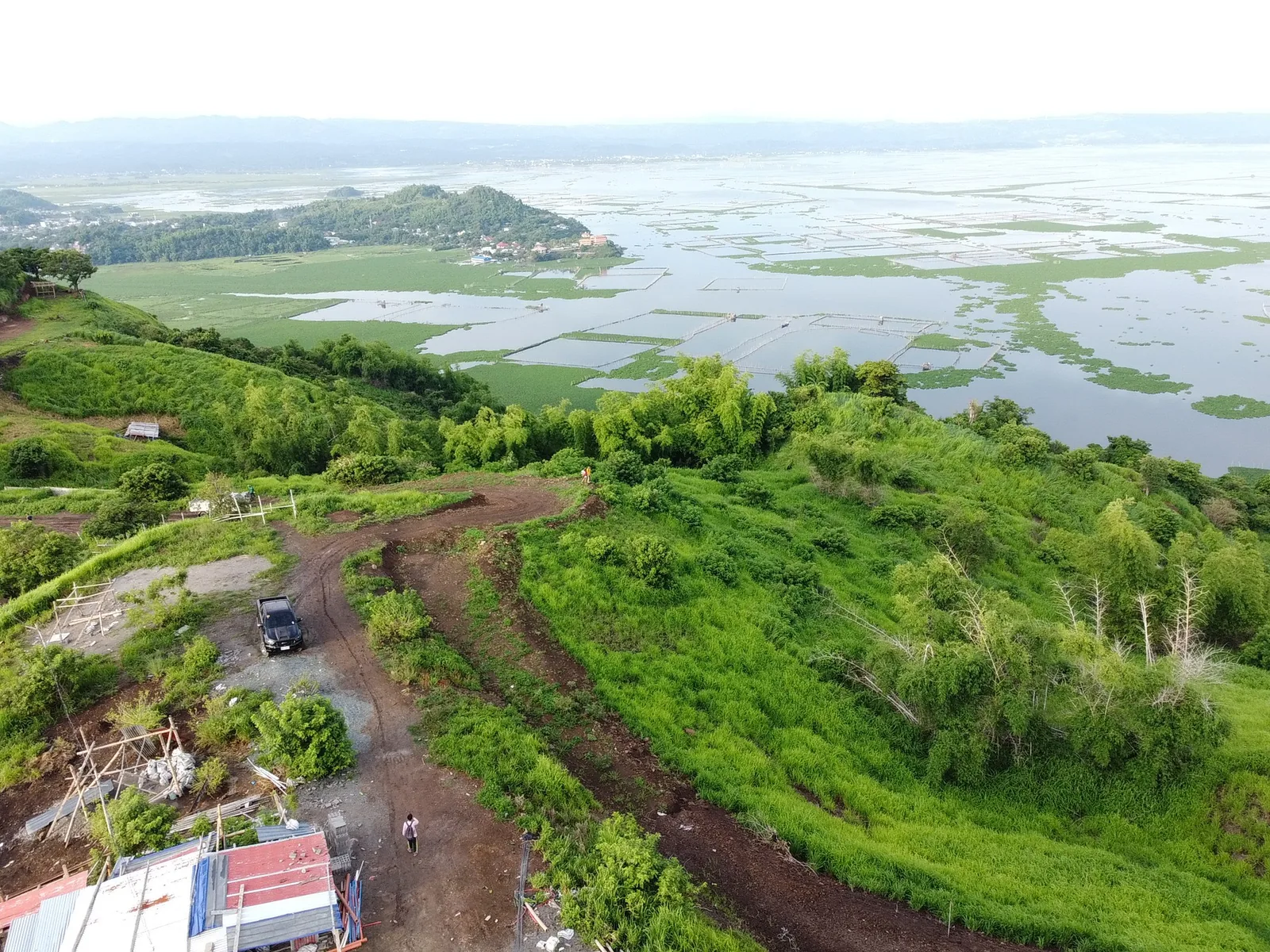 Green hills running down to the Laguna Lake shoreline in Binangonan, seen from above