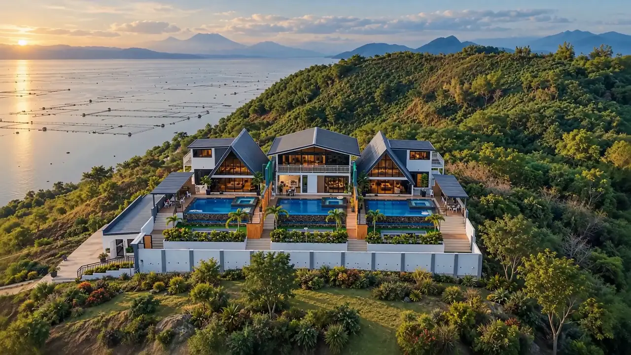 Artistic rendering: the three villas together on the hillside, with the lake and mountains behind.