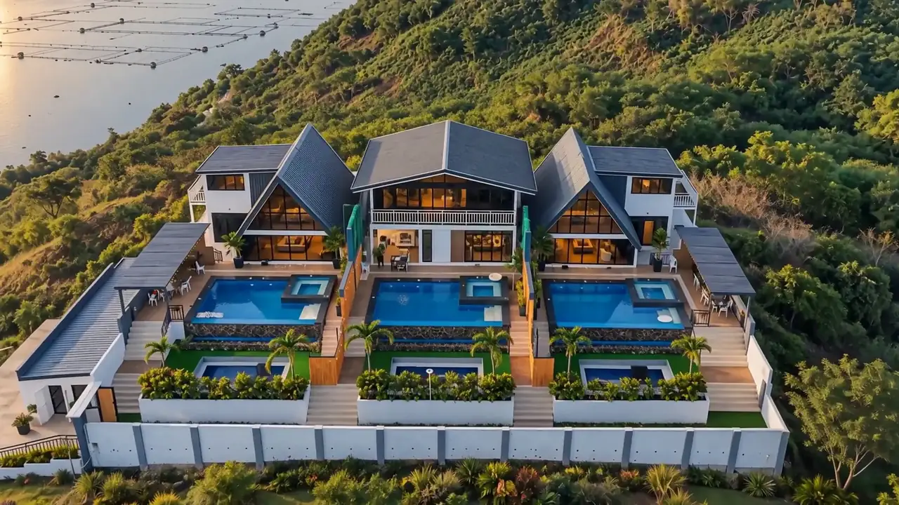 Artistic rendering: three villas on a green hilltop above a lake, seen from the air.